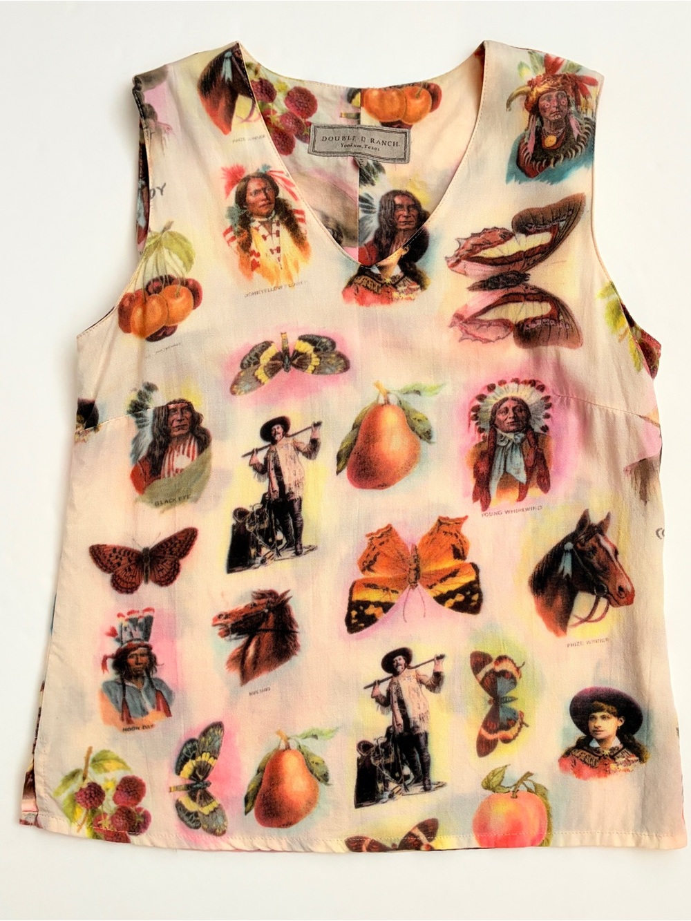 Vtg Double D Ranchwear Top V-Neck Native American Chief Western Horses SZ S